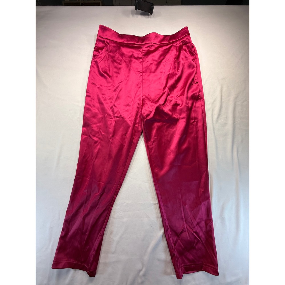 Women Magenta Pink Satin Pants High Waisted Straight Leg Dress Trousers Size 2XL
